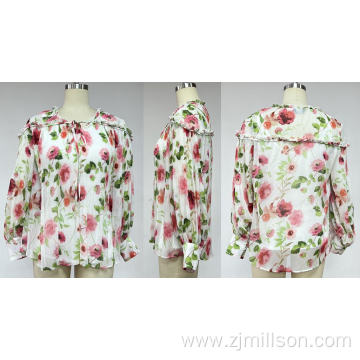 All-Over Print Pleated Top with Ruffle Detail and Tie-Ups